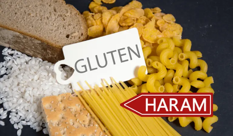 Gluten grains and Islamic Halal symbol representing the discussion on 'Is Gluten Haram' in Islamic dietary laws.