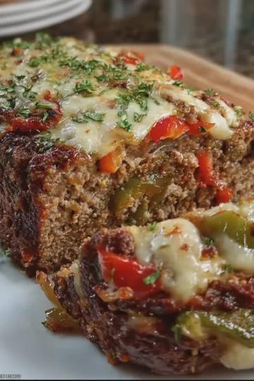 Easy Stuffed Philly Cheesesteak Meatloaf with Peppers and Onions