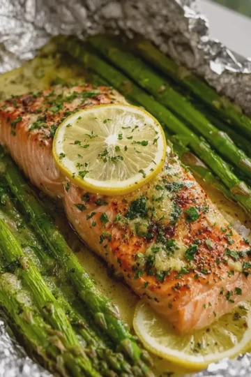 Baked Salmon in Foil with Asparagus and Lemon Garlic Butter Sauce