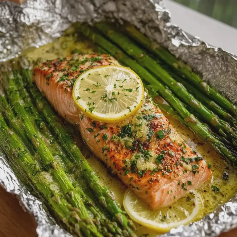 Baked Salmon in Foil with Asparagus and Lemon Garlic Butter Sauce