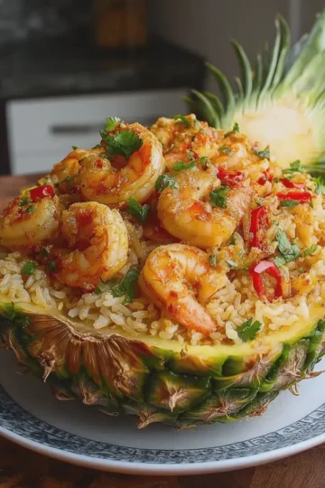 Pineapple Shrimp Rice in a Pineapple Bowl