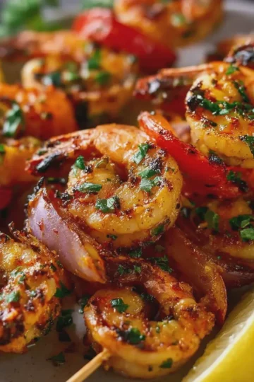 Grilled Shrimp Kebabs With Peppers, Red Onion, and Lemon