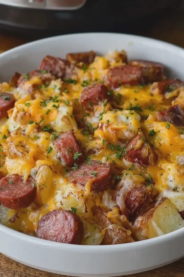 Crockpot Cheesy Potatoes and Beef Kielbasa