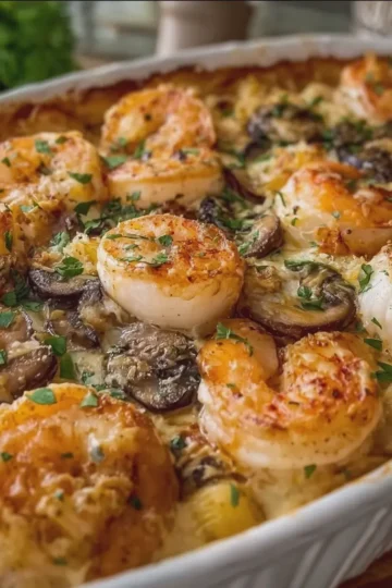 Seafood Casserole: Scallops, Shrimp, and Mushrooms