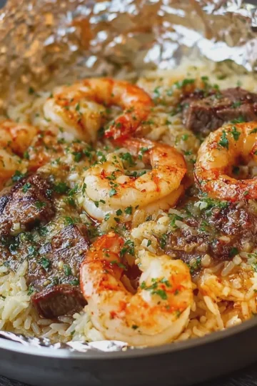 Southern Garlic Butter Seafood Rice Skillet with Shrimp and Steak