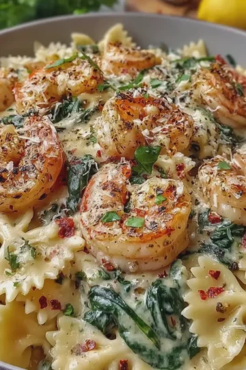Creamy Garlic Cream Shrimp Bowtie Pasta with Spinach