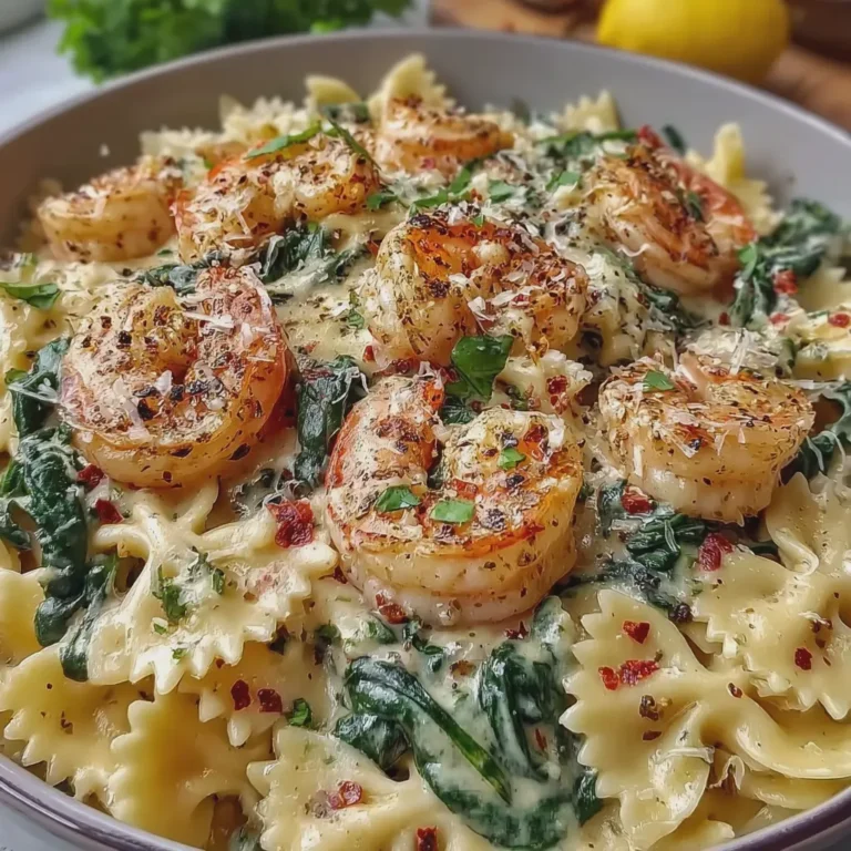 Creamy Garlic Cream Shrimp Bowtie Pasta with Spinach