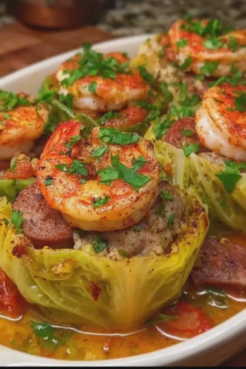 Cajun Shrimp and Beef Sausage Stuffed Cabbage
