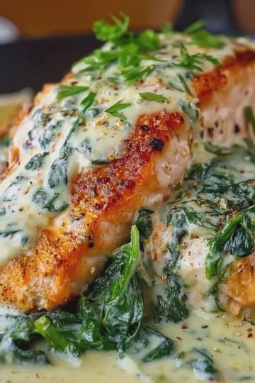Spinach and Crab Stuffed Salmon with Lemon Cream Sauce