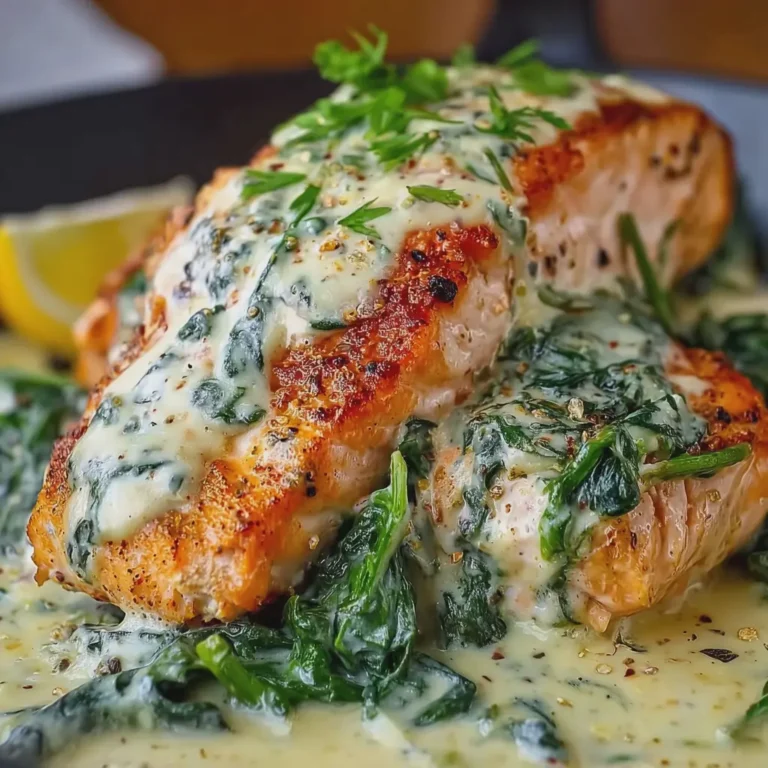 Spinach and Crab Stuffed Salmon with Lemon Cream Sauce