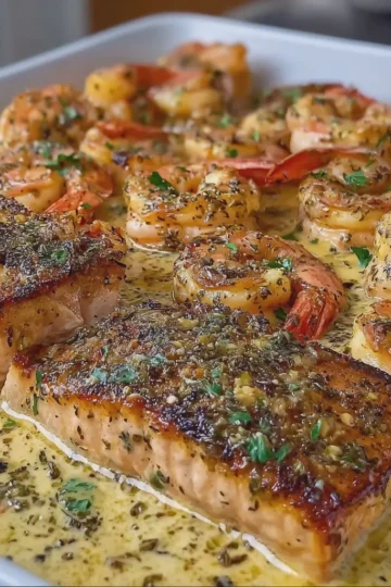 CREAMY GARLIC BUTTER SHRIMP AND SEARED SALMON