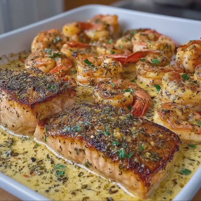 CREAMY GARLIC BUTTER SHRIMP AND SEARED SALMON
