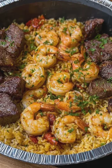 Southern Garlic Butter Seafood Rice Skillet with Shrimp and Steak