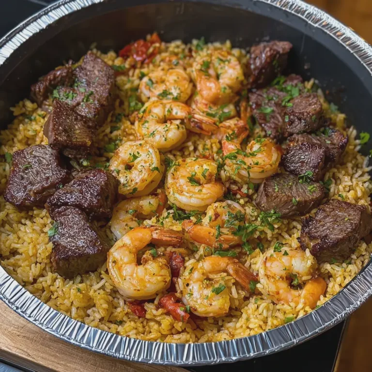 Southern Garlic Butter Seafood Rice Skillet with Shrimp and Steak
