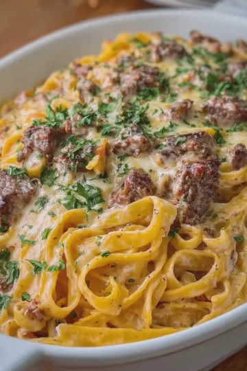 SAVORY BEEF FETTUCCINE WITH CHEDDAR MOZZARELLA CREAM SAUCE