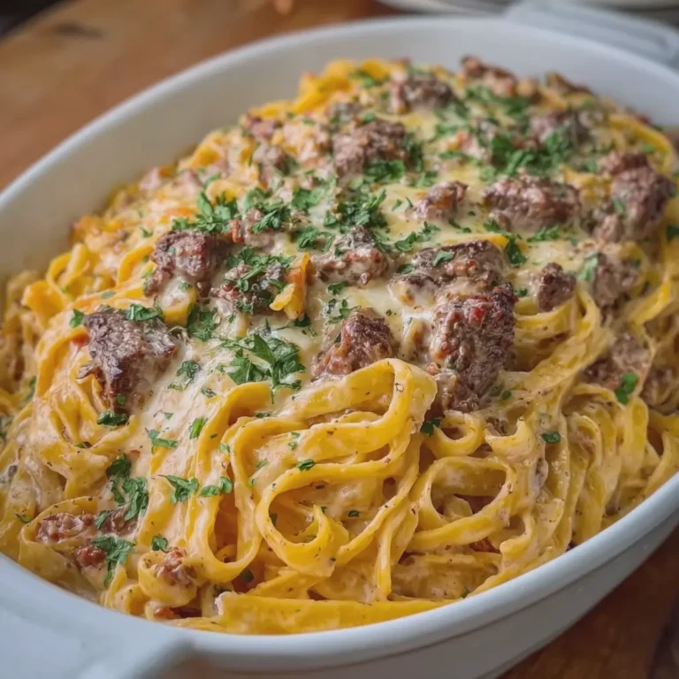 SAVORY BEEF FETTUCCINE WITH CHEDDAR MOZZARELLA CREAM SAUCE