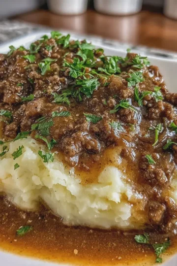 Ground Beef and Gravy Over Mashed Potatoes