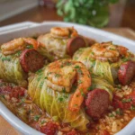 Cajun Shrimp and Beef Sausage Stuffed Cabbage