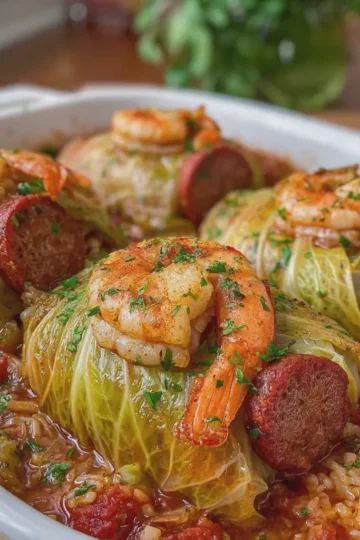 Cajun Shrimp and Beef Sausage Stuffed Cabbage