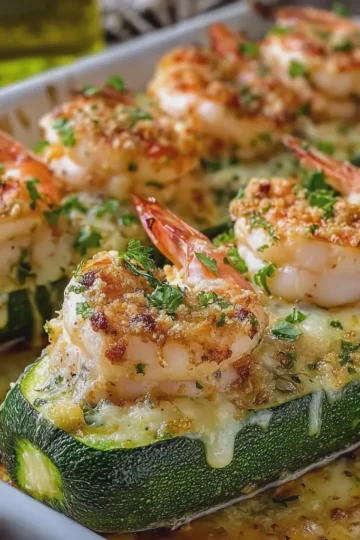 Garlic Shrimp Zucchini Boat Seafood Bake