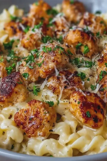 Garlic Butter Chicken Bites with Creamy Parmesan Pasta