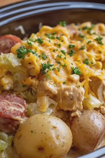 Crockpot Creamy Cheddar Chicken Corn and Baby Potatoes