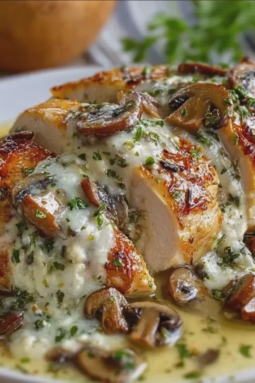Savory Chicken Stuffed with Cheese and Mushrooms Drizzled in Garlic Butter