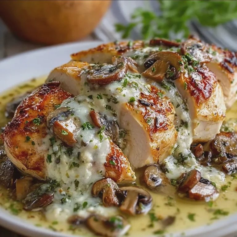 Savory Chicken Stuffed with Cheese and Mushrooms Drizzled in Garlic Butter