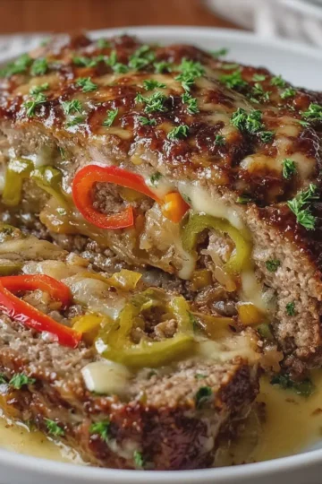 Easy Stuffed Philly Cheesesteak Meatloaf with Peppers and Onions