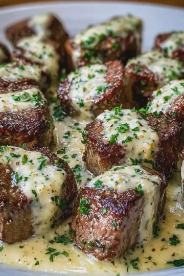 Garlic Butter Steak Bites with Parmesan Cream Sauce