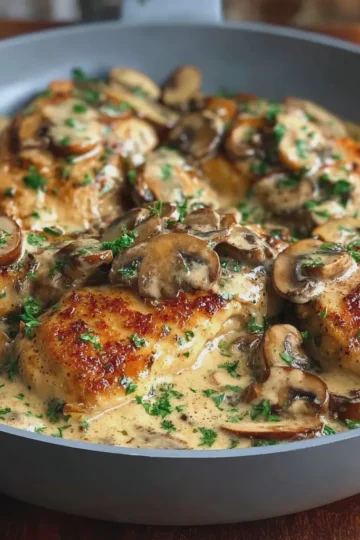 Chicken and Mushroom Skillet in a Creamy Asiago and Mustard Sauce