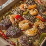 Garlic Butter Steak and Shrimp with Peppers and Creamy Sauce