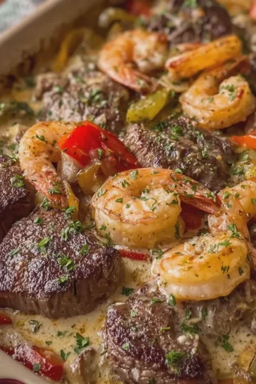 Garlic Butter Steak and Shrimp with Peppers and Creamy Sauce
