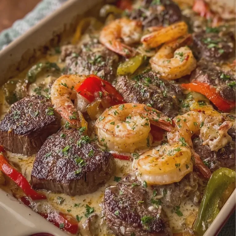 Garlic Butter Steak and Shrimp with Peppers and Creamy Sauce