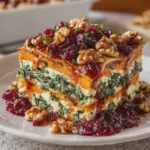 Layered Sweet Potato Spinach and Ricotta Lasagna with Walnuts and Cranberry Honey Sauce