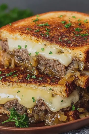 Cheesy Garlic Butter Beef Patty Melts with Caramelized Onions