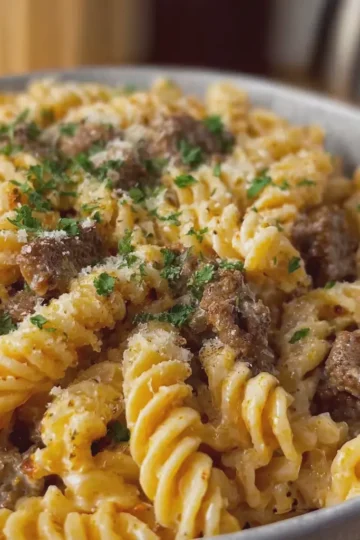 Garlic Butter Beef Rotini in Creamy Parmesan Sauce