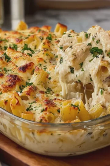 Creamy Chicken Alfredo Rigatoni Bake