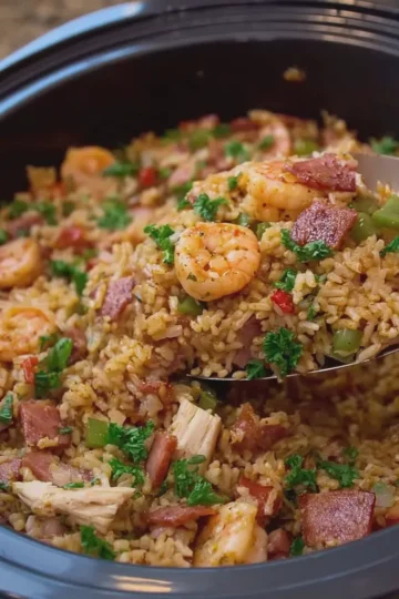 Seafood Dirty Rice with Turkey Bacon and Chicken Ham