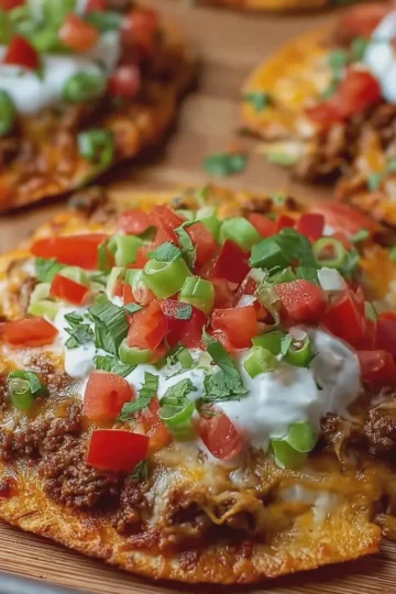 Homemade Mexican Pizza with Crispy Tortillas and Seasoned Beef