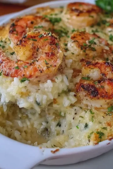 Creamy Garlic Parmesan Shrimp and Rice Bake