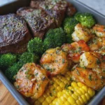 Garlic Butter Steak, Shrimp, Corn and Broccoli