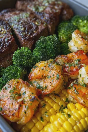 Garlic Butter Steak, Shrimp, Corn and Broccoli