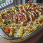 Creamy Garlic Chicken and Roasted Vegetable Pasta Bake
