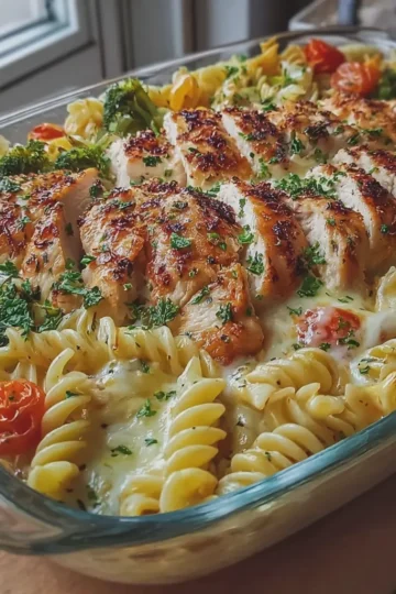 Creamy Garlic Chicken and Roasted Vegetable Pasta Bake