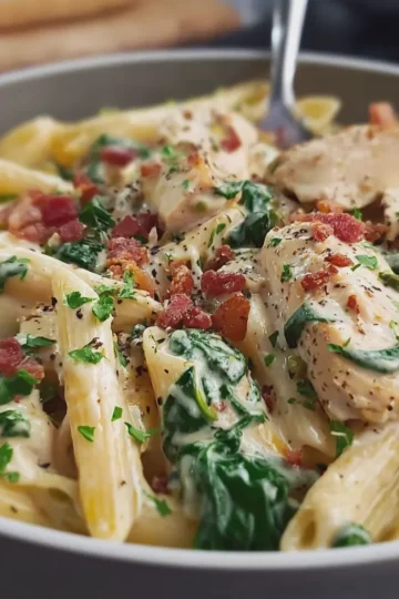 Creamy Chicken Pasta with Turkey Bacon and Spinach