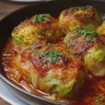 Braised Stuffed Cabbage Rolls in Tomato Garlic Glaze