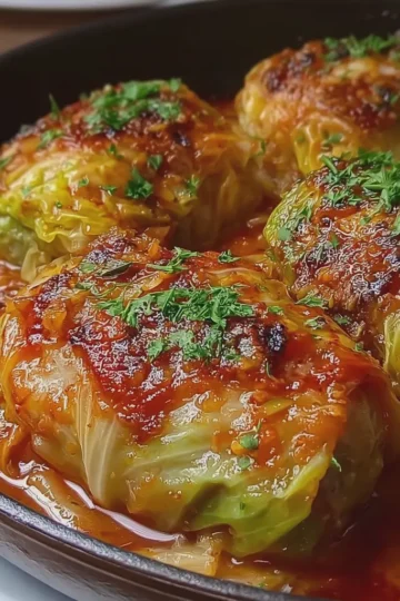 Braised Stuffed Cabbage Rolls in Tomato Garlic Glaze