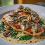 Golden-Seared Chicken Breasts with Creamy Garlic Mushroom Sauce and Spinach