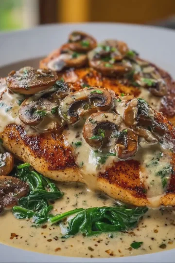 Golden-Seared Chicken Breasts with Creamy Garlic Mushroom Sauce and Spinach